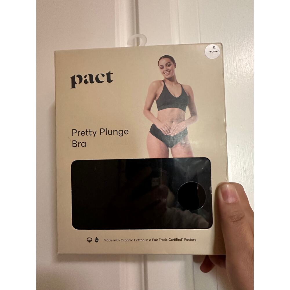 NWT Pact Sz S Black Organic Cotton Pretty Plunge Lace Trim Wireless Bralette - Picture 3 of 9